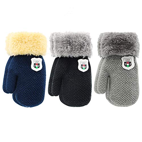Book Cover ORVINNER 3 Pairs Toddler Gloves Baby Boys Girls Winter Warm Sherpa Lined Knit Gloves Kids Mittens Black/Grey/Navy Pack