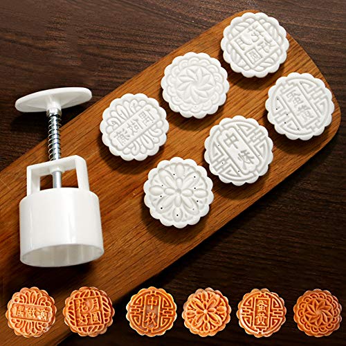 Cookie Stamps, 3D Moon Cake Mold Hand Press Cookie Stamps Pastry Tool, Food-grade Resuable Flower Biscuit Cake Cookie Stamps, 1 Mold 6 Stamps 65g (75g)