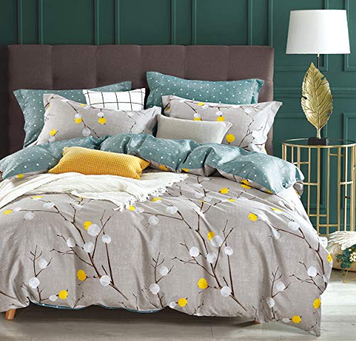 Book Cover SLEEPBELLA Duvet Cover King, 600 Thread Count Cotton Grey Branch with Yellow Turquoise Polka Dot Pattern Green Reversible Comforter Cover(King, Grey Branches)