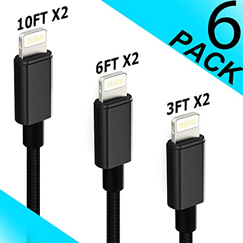 Book Cover iPhone Charger MFi Certified Lightning Cable 6 Pack [3/3/6/6/10/10FT] Compatible iPhone Xs/Max/XR/X/8/8Plus/7/7Plus/6S/6S Plus/SE/iPad Extra Long Nylon Braided USB Charging & Syncing Cord