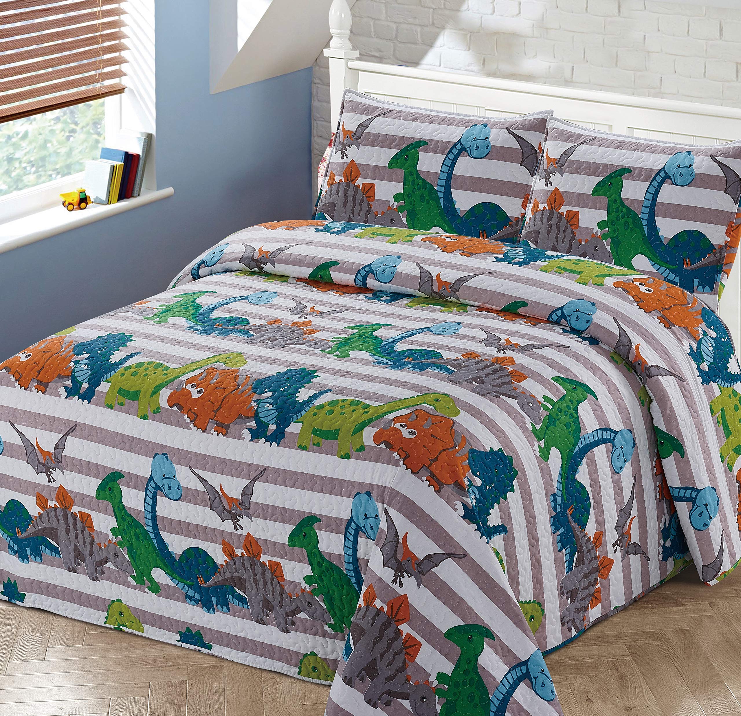 Book Cover Better Home Style Dinosaur Dinosaurs World Kids/Boys/Toddler Coverlet Bedspread Quilt Set with Pillowcases # Dino Stripe (Twin)