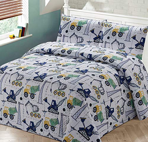 Book Cover 2pc Twin Coverlet Set for Kids Construction Blue Crane Trucks on a White Bedspread. (Twin)