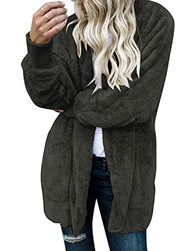 Justew Women Fashion Casual Solid Plush Open Front Hooded Cardigan Coat Fashion Hoodies Green