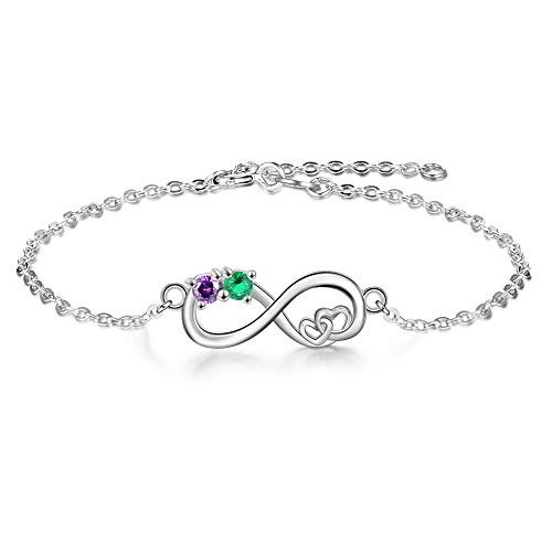 GaoS Personalized Infinity Bracelets with 2 Simulated Birthstones Double Heart Adjustable Bangles Bracelets for Women Bridesmaid Jewelry