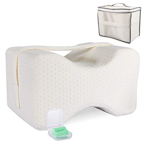 VCHICSOAR Memory Foam Knee Pillow for Side Sleepers, Sciatic Nerve Back Pain Relief, Leg Pillow Best for Pregnancy, Hip, Joint w/Adjustable Strap, Washable Cotton Cover, Ear Plugs, Portable Bag