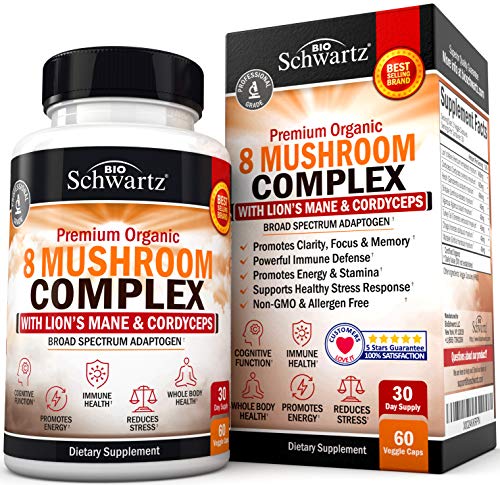 Premium Organic Mushroom Complex Supplement with Lions Mane & Cordyceps- Nootropic for Focus, Clarity, and Stress Relief - Promotes Energy and Stamina - Supports Immune Response & Memory - 60 Capsules