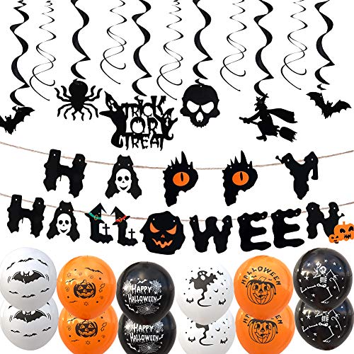 Halloween Party Decoration Kit includes Happy Halloween Banner,Haunted House Hanging Swirl Decoration and 6 type Balloons,Zombie Vampire Ghosts Home Ceiling Decor,Halloween Party Supplies Gifts