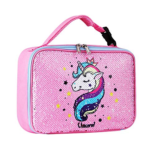 Book Cover Sequin Unicorn Lunch Box for Girls, Reversible Sequin Flip Color Change, Insulated, Quick and Simple Organization, Perfect for School Kids (Pink)