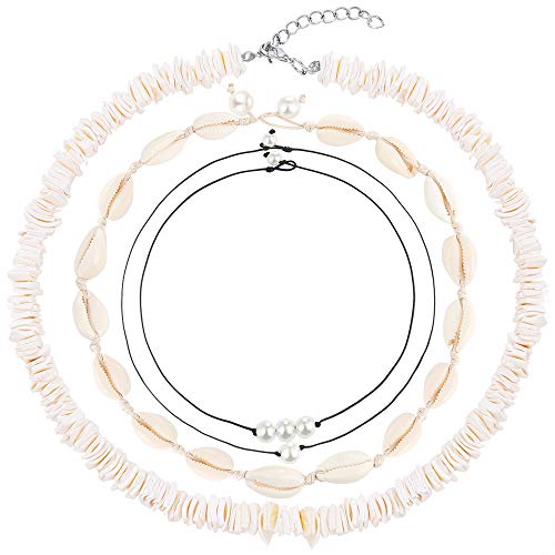 PP OPOUNT 4 Pieces Shell Necklace Include 16 Inchs Pure White PUKA Chip Necklace, Peal Chokers and Cowire Shell Chokers for Hawaiian Summer Beach Wearing