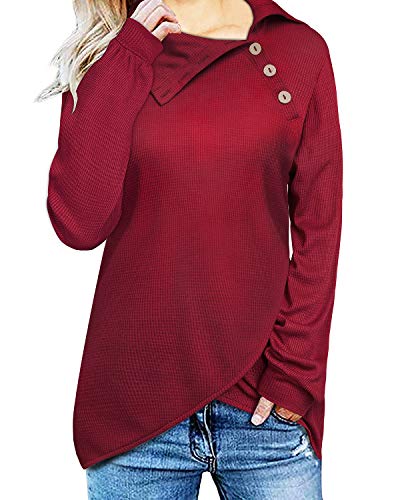 Book Cover STYLEWORD Women's Long Sleeve Button Turtle Cowl Neck Shirt Asymmetric Hem Wrap Pullover Sweatershirts Top(Wine-558, L)
