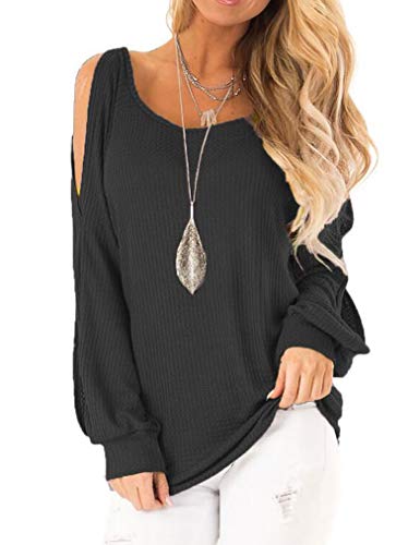 Women Cold Shoulder Tops Crew Neck Long Sleeve T-Shirts Split Sleeve Blouses Waffle Knit Shirts