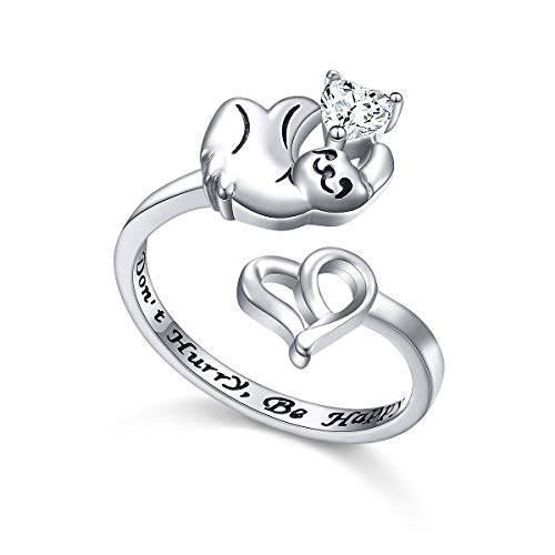 Sloth Ring 925 Sterling Silver Engraved Don't Hurry Be Happy Cute Animal Sloth Heart Open Ring for Women Teen Girls, Size 6 to 9