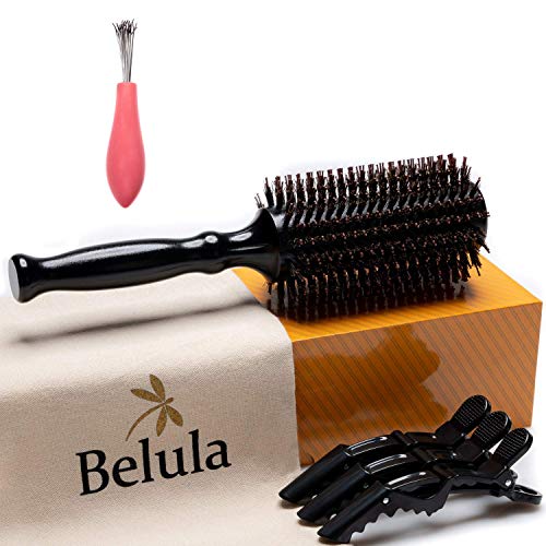 Boar Bristle Round Brush for Blow Drying Set. Round Hair Brush With Large 2.7â€ Wooden Barrel. Hairbrush Ideal to Add Volume and Body. Free 3 x Hair Clips & Travel Bag.