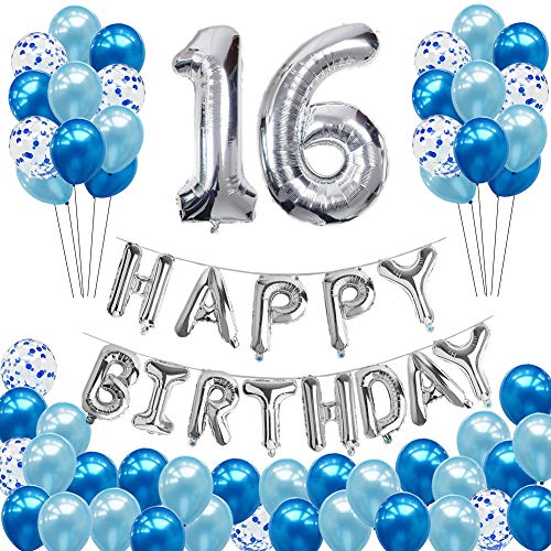16th Birthday Balloons Decorations - Hulaso 52pcs Happy Birthday Party Supplies with HAPPY BIRTHDAY Banner for Boys Girls, Huge Silver Number 16 and Blue Confetti Balloons
