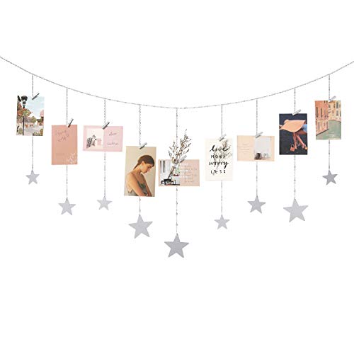 Book Cover Mkono Hanging Photo Display Boho Decor Wooden Stars Garland with Metal Chains Picture Frame Collage with 25 Wood Clips Teen Girl Room Christmas Wall Art for Bedroom Nursery Dorm Home, Silver