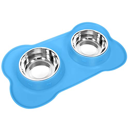 Book Cover Dog Cat Bowls Stainless Steel Double Dog Food and Water Bowls with No-Spill No-Skid Silicone Mat, Pet Feeder Bowls Small Puppy Bowl for Small Dogs Cats
