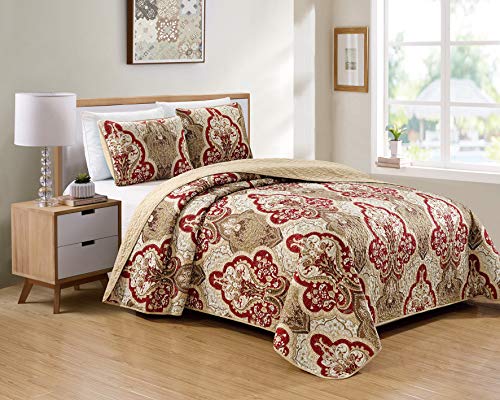 Book Cover Kids Zone Home Linen Bedspread Set Damask Pattern Taupe Burgundy Brown New (King/California King)