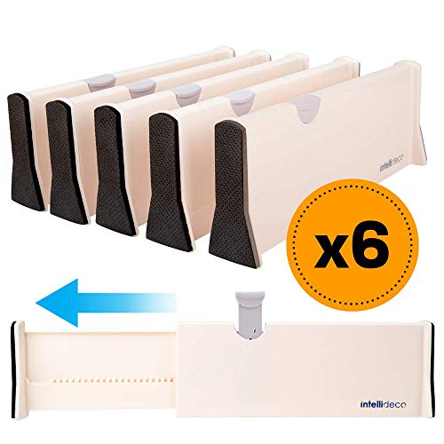 INTELLIDECO Drawer Dividers Organizer (Value 6 Pack), Expandable Drawer Divider Organizers from 11"-17", Adjustable Separators Perfect for Bedroom, Dresser, Kitchen and Office Use
