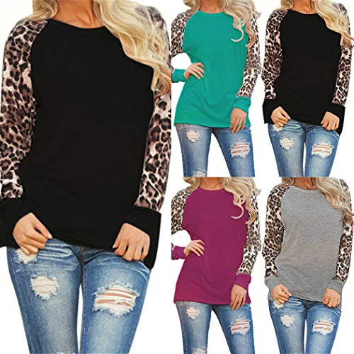 DONET Women's Casual O-Neck Long Sleeve Top Leopard Patchwork T-Shirt - - Large