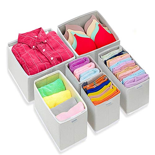 Stockyfy Foldable Cloth Dresser Drawer Organizer â€“ Pack of 6 â€“ Drawer Divider â€“ Storage Box â€“ Closet â€“ Basket Bins for Underwear, Nursery, Bras, Socks, Clothes â€“ Light Grey with White Piping