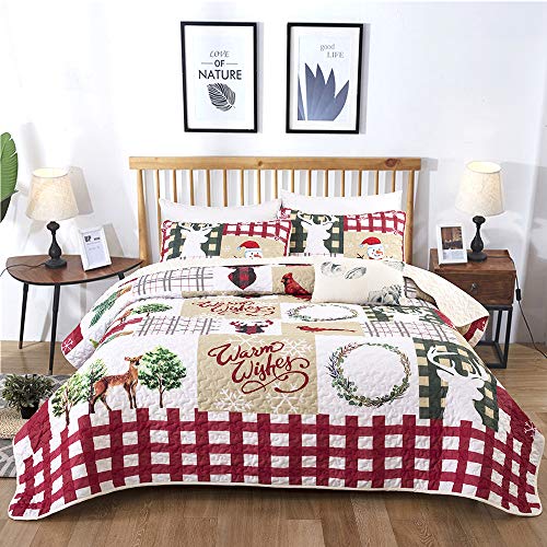Book Cover WONGS BEDDING Christmas Bedspread Set, Soft Microfiber Reversible Quilt Set Coverlet with 2 Pillow Shams Queen Size