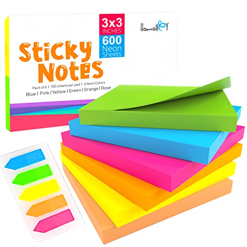 Book Cover (6 Pads) Sticky Notes 3x3 in 100 Sheets/Pad, Self-Sticky Note Pads, 6 Bright Colors Super Sticky Pads - Easy to Post for School, Office Supplies, Desk Accessories