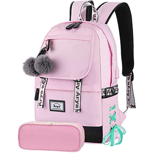 Book Cover Arya Backpacks for Girls Teenage School Bags Kids Bookbag Teen Girls Backpack Elementary Middle Back Pack Children 8 9 10 11 12 13 14 15 Years Old (Pink)