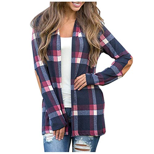 Womens Long Sleeve Front Open Plaid Cardigan Patch Blouse Navy