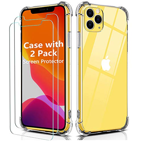 Book Cover OULUOQI Compatible with iPhone 11 Pro Max Case, Tempered Glass Screen Protector [2Pack] with Shockproof Clear Case for iPhone 11 Pro Max 6.5 inch.(Clear)