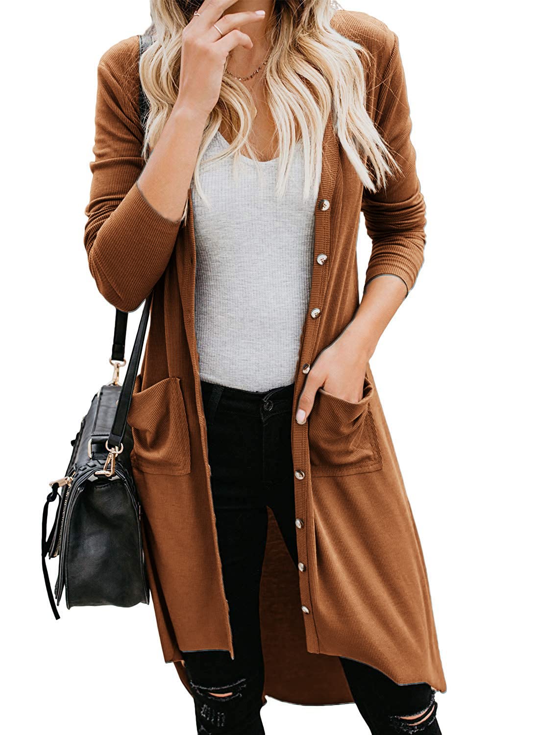 Naggoo Women's Long Cardigans Button Down High Low Solid Knit Loose Cardigans with Pockets Small Brown