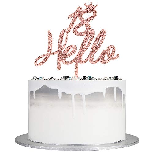 Auteby Hello 18 Cake Topper - Sparkly Acrylic Rose Gold Cake Topper for 18th Birthday / 18th Anniversary Party Decorations Supplies