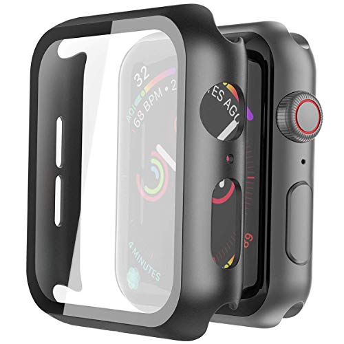 Book Cover Misxi 2 Pack Hard PC Case with Tempered Glass Screen Protector Compatible with Apple Watch Series 6 SE Series 5 Series 4 44mm, Black