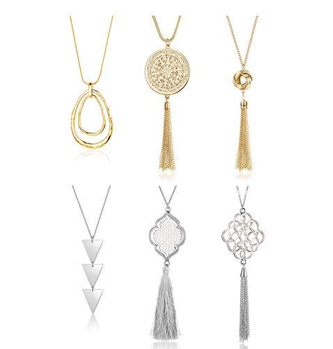 FINREZIO 6PCS Long Pendant Necklace Set Circle Knot Tassel Y Strands Necklace Statement Necklace for Women