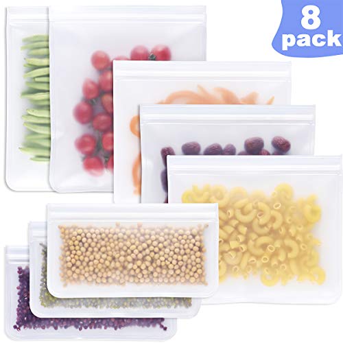 Reusable Storage Bags, Ziplock Food Sandwich Bags for Liquid, Snack, Lunch, Fruit, Freezer, Leakproof EXTRA THICK (8PACKS-3 Sandwich Bags + 3 Snack Bags + 2 Freezer)