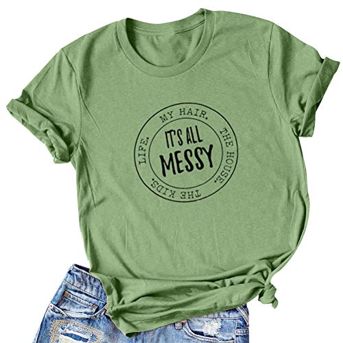 SiLing Women It's All Messy Letter Circle Graphic Tee Shirts Short Sleeve Tops Olive