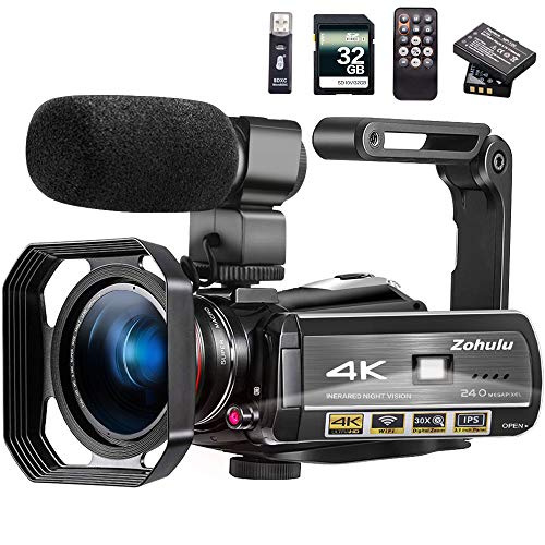 ZOHULU Video Camera 4K Camcorder Vlog Camera for YouTube, HD Digital Camera with 30X Digital Zoom and Night Vision, Video Recorder with Microphone, Wide Lens (32GB SD Card, 2 Batteries Included)