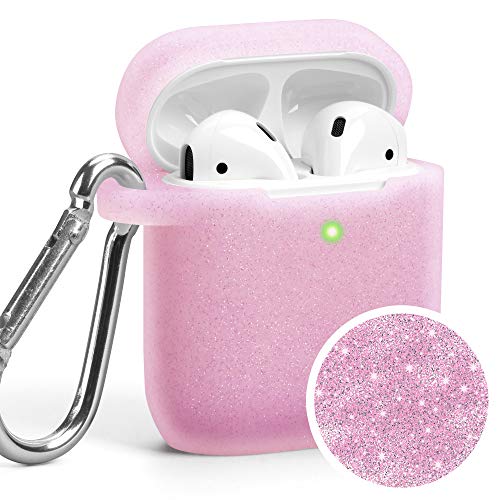 Book Cover AirPods Case, GMYLE Silicone Protective Shockproof Wireless Charging Airpods Earbuds Cover Skin with Keychain Compatible for Apple AirPods 1 & 2 - Sparkling Fuchsia Pink [Front LED Visible]