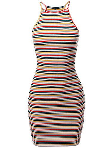 Awesome21 Women's Stripe Print High Neck Ribbed Body-Con Mini Dress