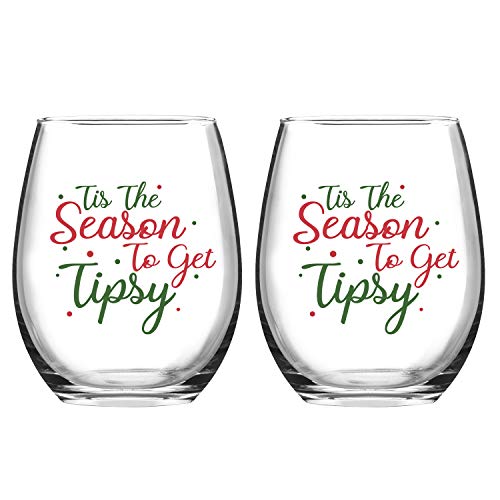 Set of 2 Tis the Season to Get Tipsy Christmas Stemless Wine Glass for Funny Christmas Holiday Gifts 15 Ounce