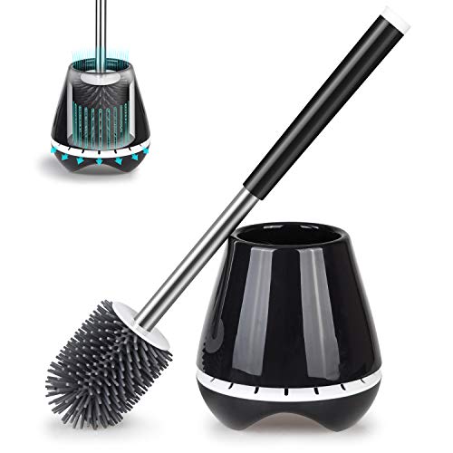 Book Cover MEXERRIS Toilet Brush and Holder Set Stainless Steel with Soft Silicone Bristle, Sturdy Cleaning Toilet Bowl Cleaner Brush Set for Bathroom Storage Organization - Tweezers Included (Black)