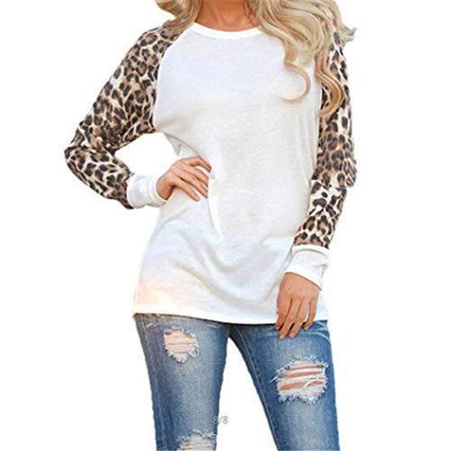 cokil Women Fashion Autumn-Winter Casual O-Neck Loose Long Sleeve Leopard Patchwork T-Shirt - White - XX-Large