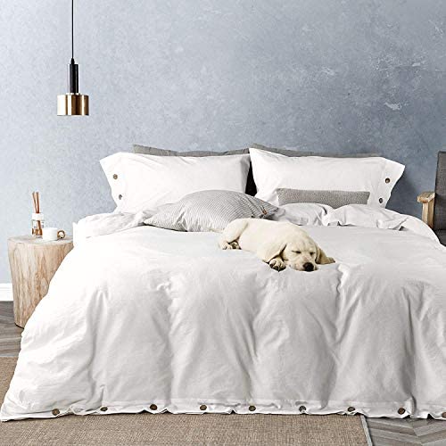 Book Cover JELLYMONI Queen Size Pure White 100% Washed Cotton Duvet Cover Set, 3 Pieces Luxury Soft Bedding Set with Buttons Closure. Solid Color Pattern Duvet Cover(No Comforter)