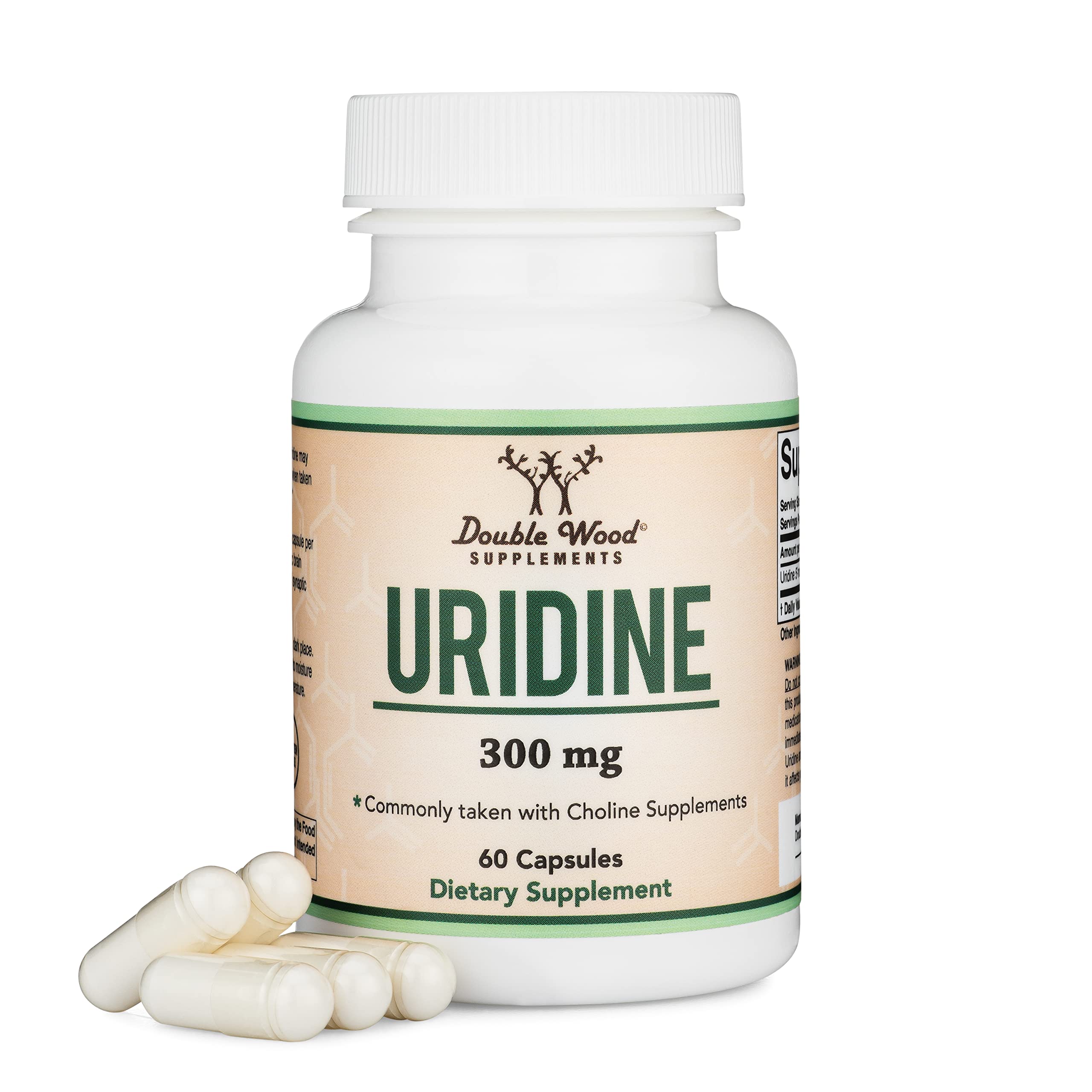 Uridine Monophosphate - Third Party Tested (Choline Enhancer, Beginner Nootropic) 300mg, Manufactured in USA (60 Capsules) Synergy with Alpha GPC Choline for Brain Health and Memory by Double Wood 60 Count (Pack of 1)