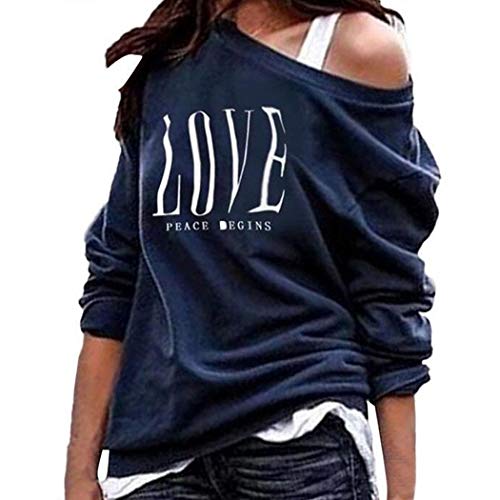 Fanala Women Casual O Neck Long Sleeve Letter Slash Neck Loose T-Shirt Tops Knits & Tees Blue