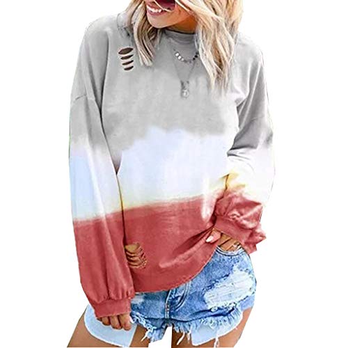 Tsun Women Rainbow Blouse Casual Long Sleeve Ripped Holes Tops Gradual Printed Shirt Sweatshirt