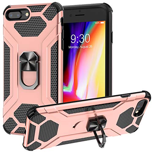 Book Cover FineUsea Heavy Duty Case, Case Hard PC Soft Bumper Protective Phone Case, Ring Holder for iPhone 7 Plus/8 Plus(5.5 inch) Cover Strong Guard Protection Case Shock Proof (Rose Gold-7+/8+)