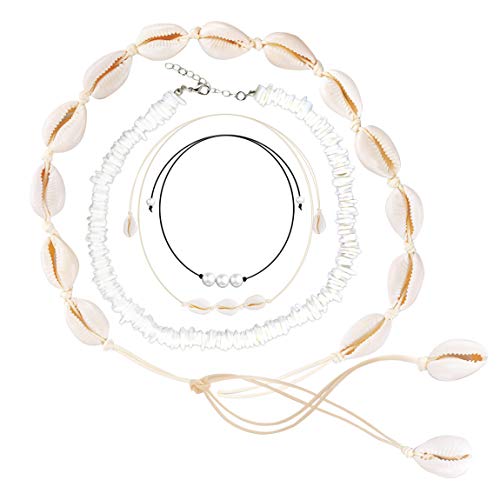 Puka-Shell-Necklace-Choker,VOGCREST Vsco-Chip Seashell Necklace Choker for Women Men Kids,Natural Handmade Adjustable Beach Necklace Choker for Boys Girls 4 Pcs (style03)
