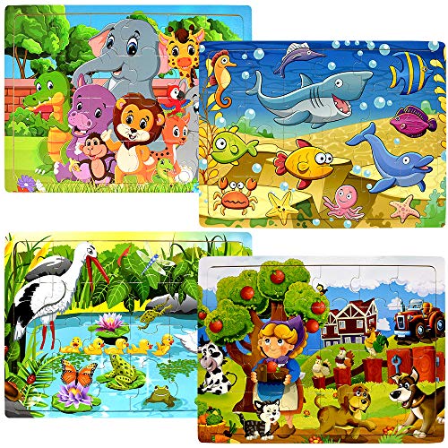 Book Cover Wooden Puzzles for Kids Ages 2-5 - 24 Piece Puzzle for Toddlers Preschool Kids Jigsaw Puzzles - 4 Pack Vibrant Children Theme Learning Educational Puzzle Set for Kids 2 3 4 5 Year Old