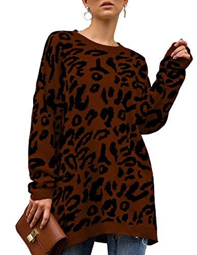 Book Cover NSQTBA Womens Leopard Print Pullover Oversized Crew Neck Casual Knitted Sweater Tops S-2XL