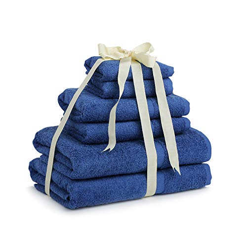 Book Cover White Spindle - 100% Cotton Towel Collection | Set of 6 | Super Soft &Oeko-TEX Approved | Machine Washable & Absorbent | Perfect for Hotel/Motels | Made in India - Blue